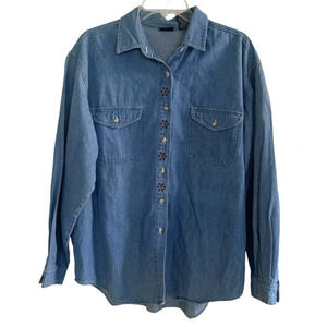 VTG Honors Blue Denim Jean Jacket Long Sleeve Shirt Top Collar Embroidered L